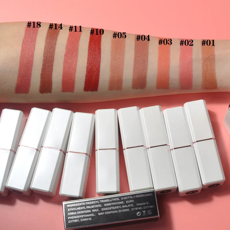 Custom Logo White Tube Creamy Lip Stick No Logo Vegan Lipstick Nude Waterproof Private Label Long Lasting Lipsticks Makeup