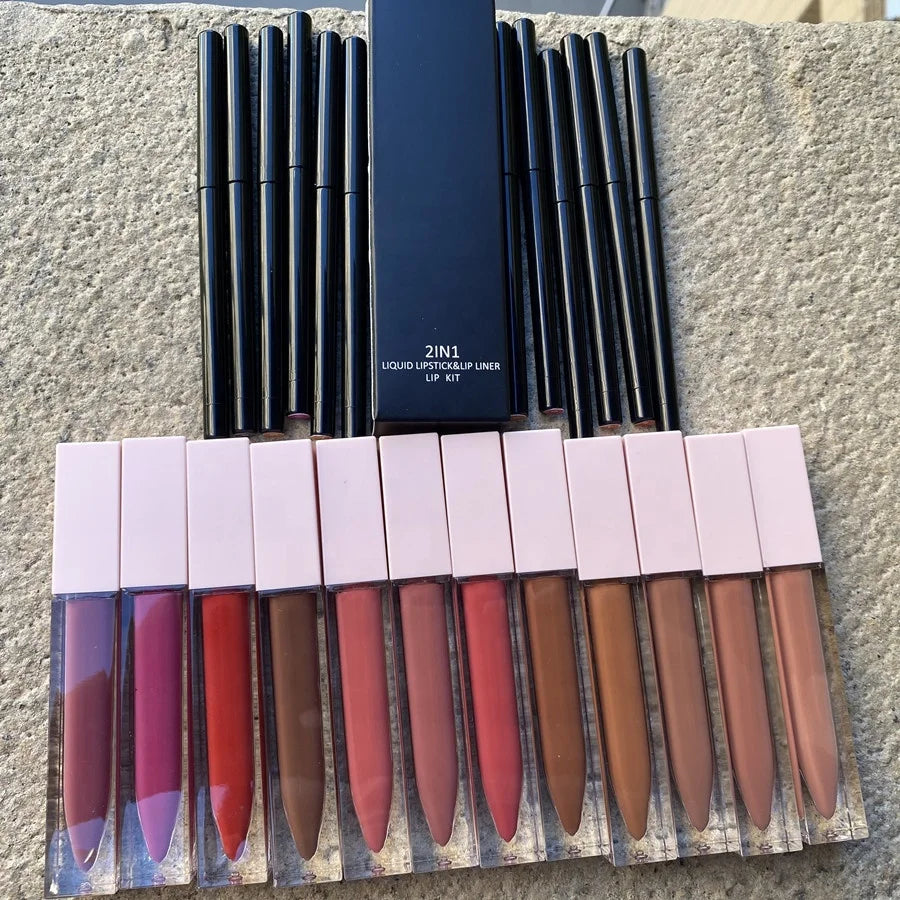 12 colors vegan matte pigment waterproof liquid lipstick and lip liner kit