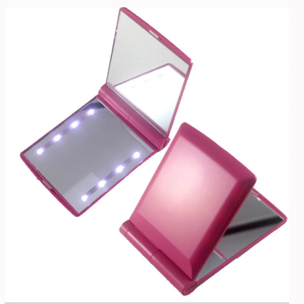hand held with led light makeup mirror travel folding cosmetic hand compact mirror
