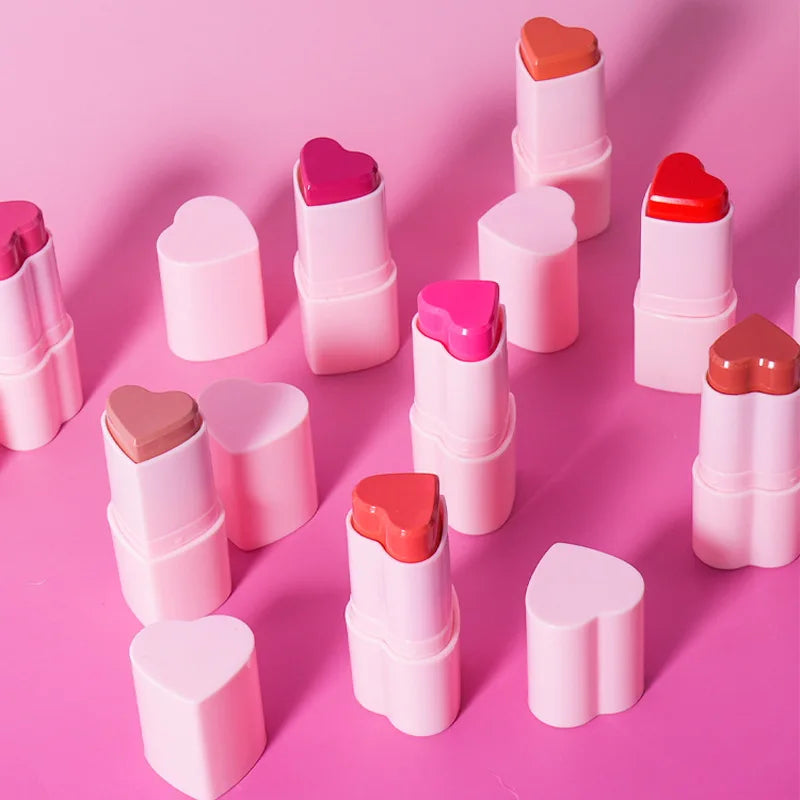 Private Label Cute Heart Shape Blush Stick Vegan Creamy Silky Blusher Cruelty Free Makeup Lips and Cheek Pink Blusher Stick
