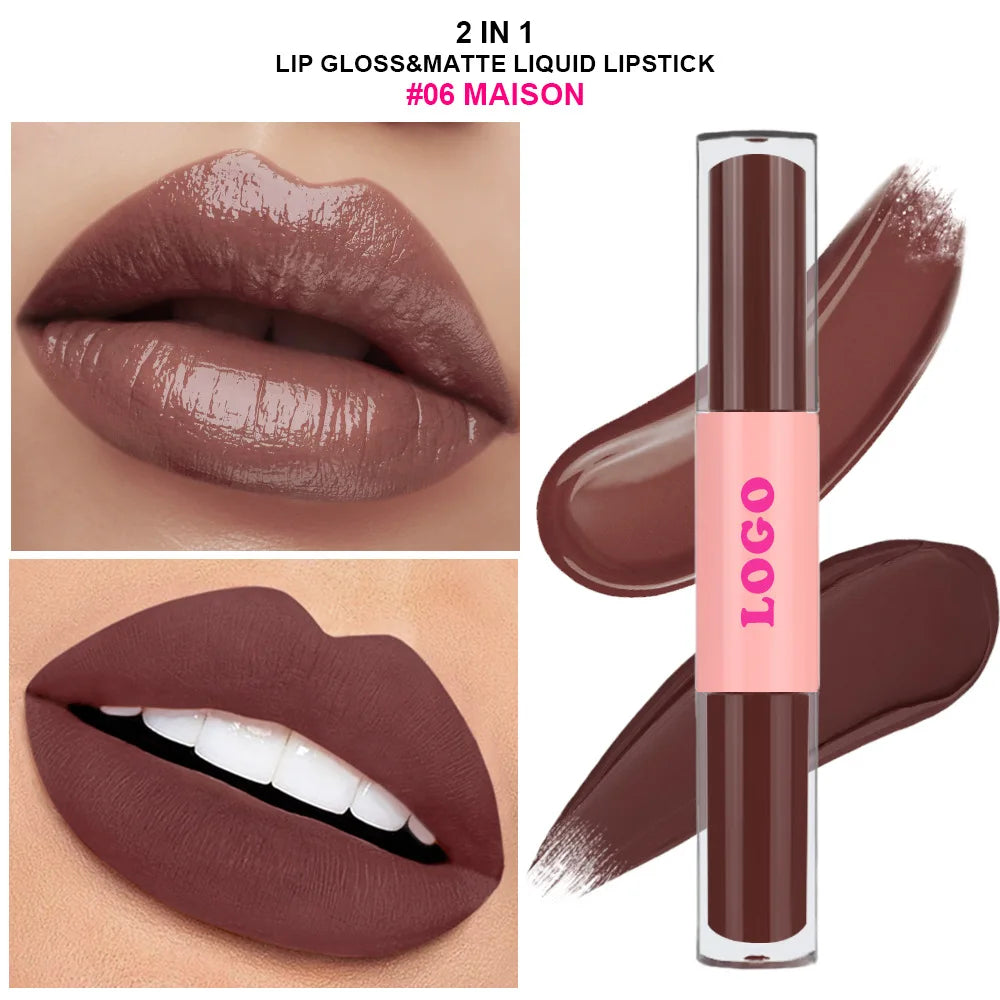 Private Label Natural Organic Vegan Double Sided Lip Gloss Matte Moist 2 in 1 Lipstick Lip Gloss for Daily Lips Makeup