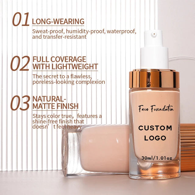 Professional Vegan Smooth Face Makeup Custom Logo Full Coverage Matte Finish Liquid Foundation Waterproof
