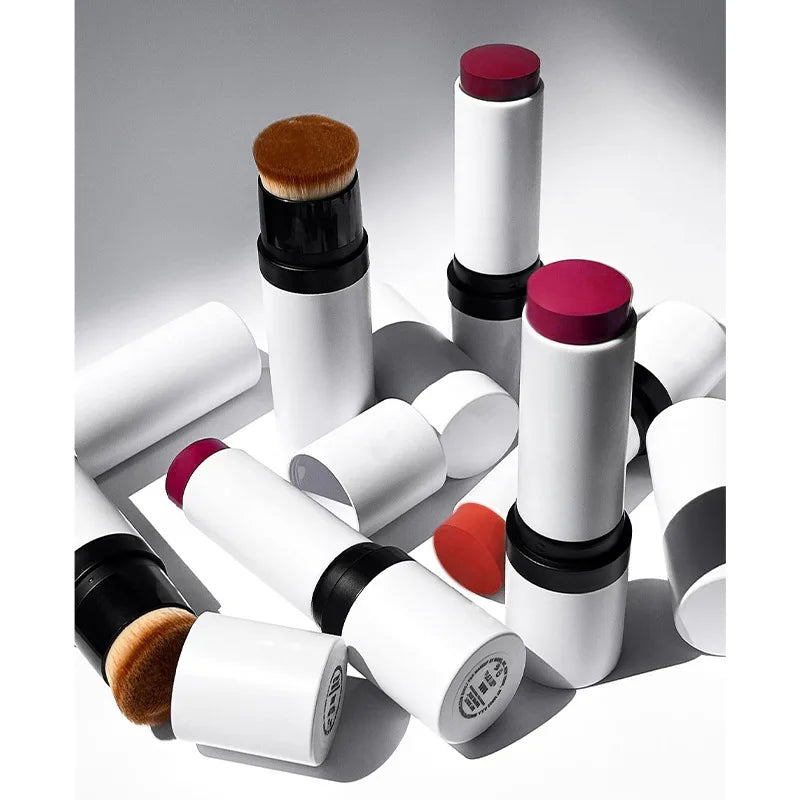 White Packaging Cheek Blush Stick Double-side Hydrating Vegan Cream Blush with Brush Matte Waterproof Face Blush