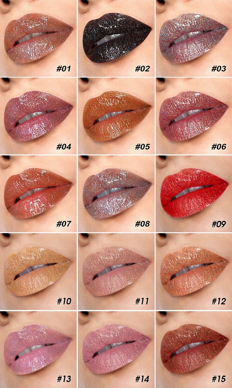 [ Your Private Label ] High Shine Diamond Shimmer Gloss Full Clear Bottle Black Waterproof Vegan Duochrome Lipstick 15 Colors Holographic Lipgloss