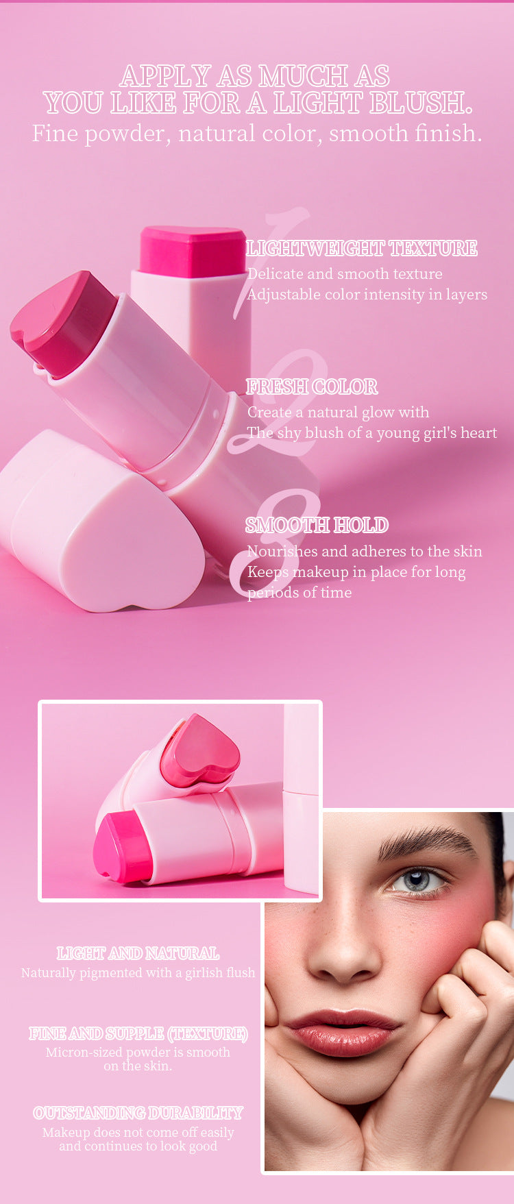 [ Your Private Label ] Custom Vegan Single Pink Heart Stick Blush Makeup Soft Lightweight Cute Waterproof Blush Moist Cream Blusher Stick
