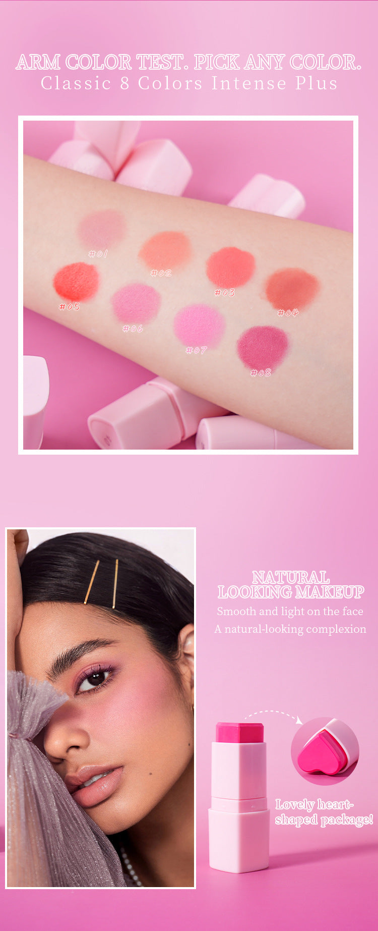 [ Your Private Label ] Custom Vegan Single Pink Heart Stick Blush Makeup Soft Lightweight Cute Waterproof Blush Moist Cream Blusher Stick