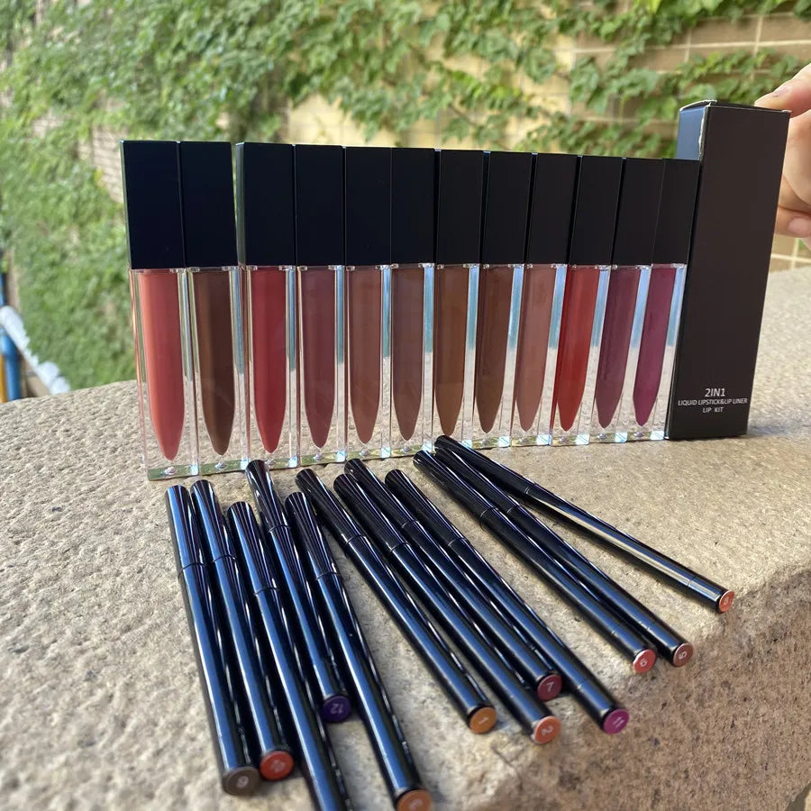[ Your Private Label ] 12 Colors No Labels Oem Vegan Waterproof Liquid Lipstick And Lipliner Set Custom Logo Matte Lipstick Lip Kit