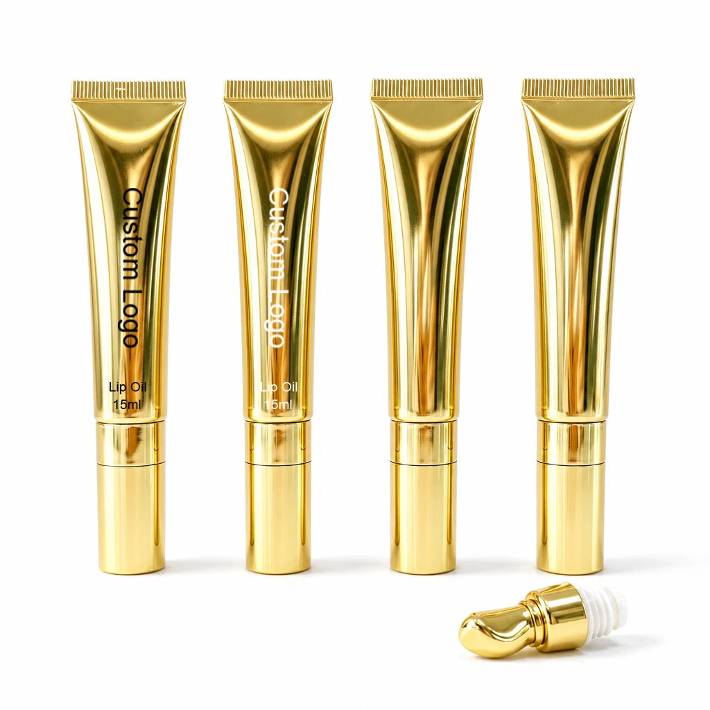 15ml Gold Tube Squeeze Tube Lip Oil Luxury 54 Colors Makeup Moisturizing Glossy Oil Custom Logo Color Changing Shimmer Lip Oil