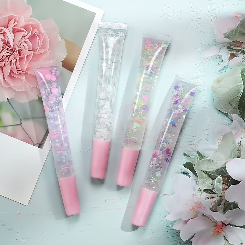 [ Your Private Label ] Vegan Clear Pink Glossy Plumping Shimmer Lip Gloss Base with flower Squeeze Tube