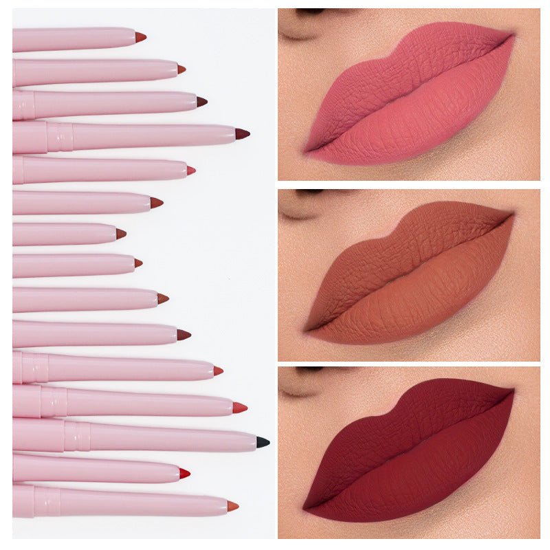 [ Your Private Label ] Pink Tube Creamy 15 Colors  Twist Up Lip Liner Vegan Retractable Lipliner High Pigmented Waterproof Lipliner