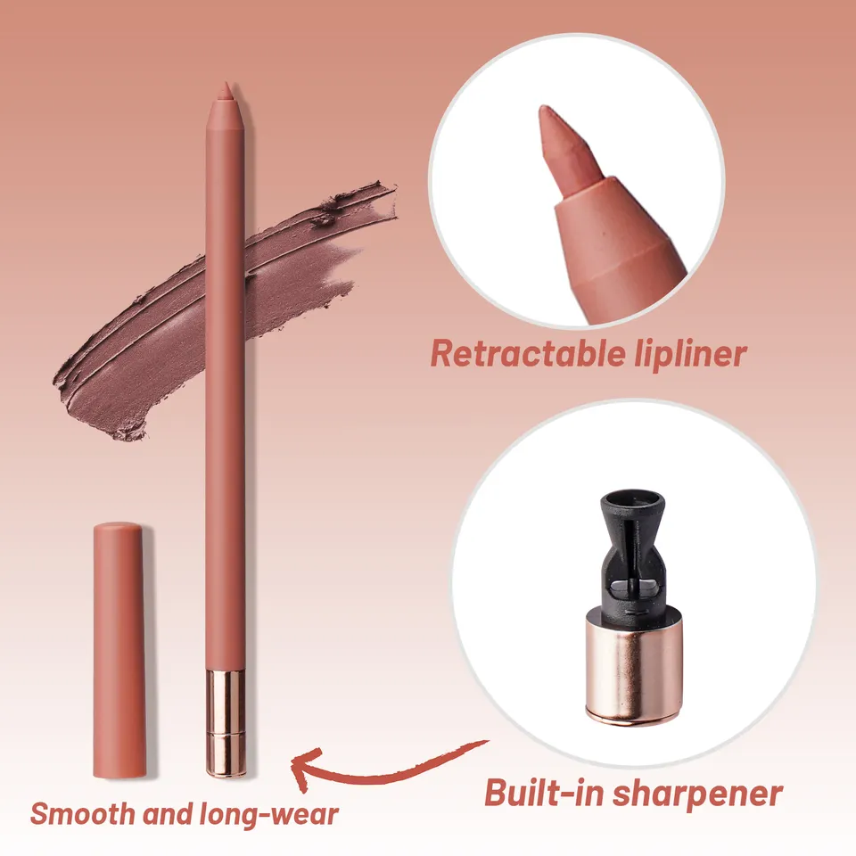 [ Your Private Label ]New Trending Sharpener Included Nude Pink Retractable Lip Liner Vegan Pigment Creamy Brown Lip Liner