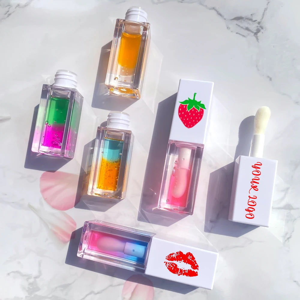 5ML square Tube Double Colors Moisturizing Lip Gloss Hydrating Fruit Flavor clear Color Change Lip Plumper Oil