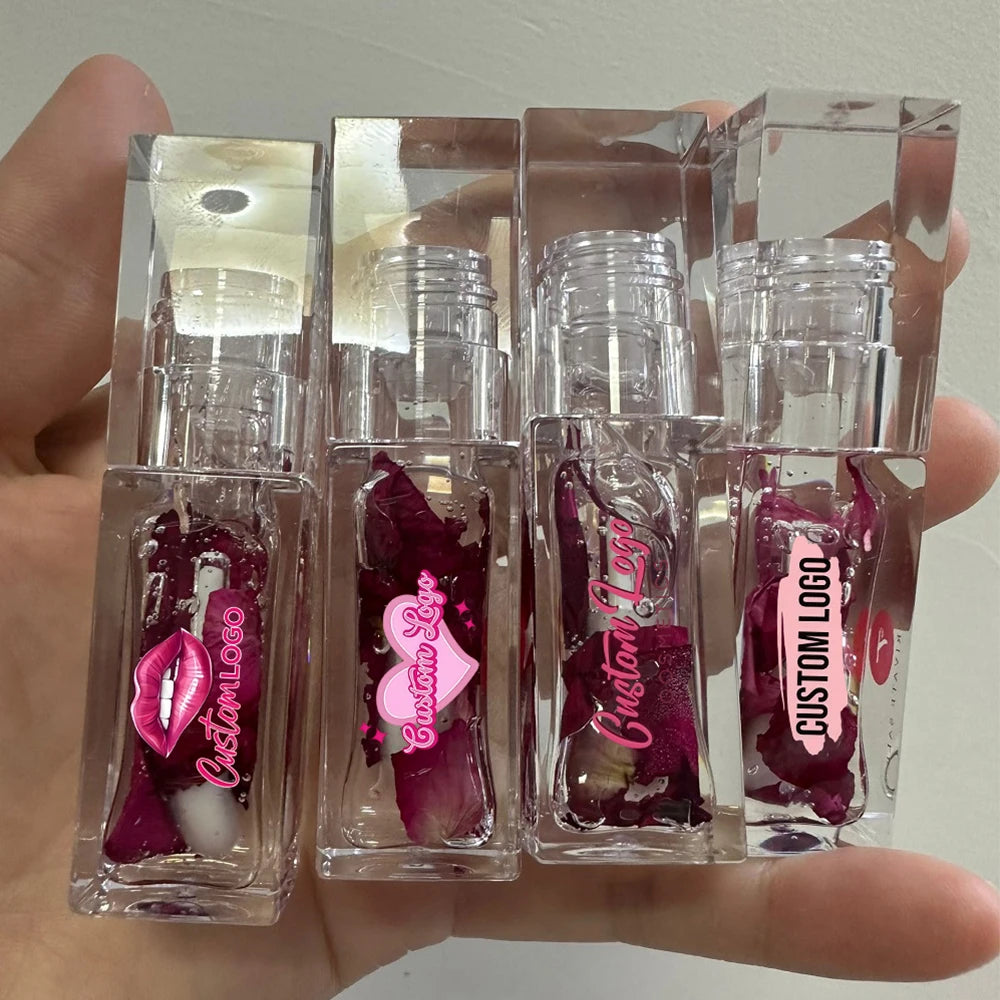 Cruelty Free Moisturizing Plumping Rose Transparent Glossy Lipgloss Private Label Vegan Clear Lip Oil Custom Flower Lip Gloss