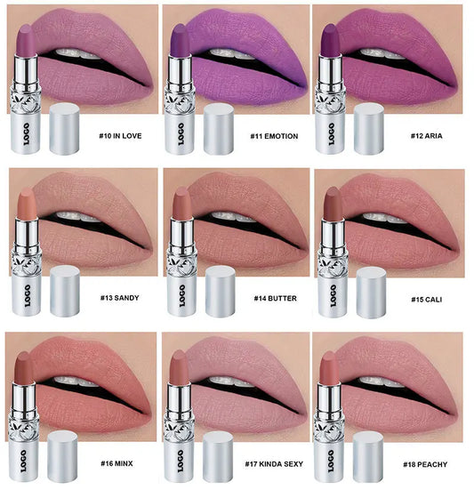 Custom Logo 24 Colors Silver Tube Lipstick Cream Smooth Texture Long Lasting High Pigment Moisturizing Matte Lipstick