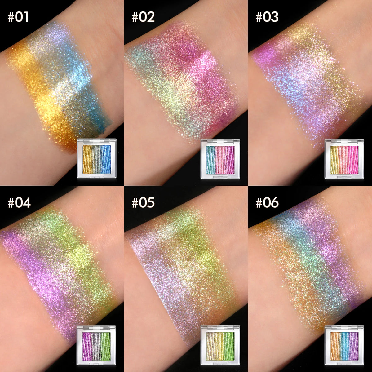 Custom Luxury Eyeshadow Palette 6 Colors Rainbow Holographic Chameleon Dry Powder Eyeshadow Branded Vegan Shimmer Satin