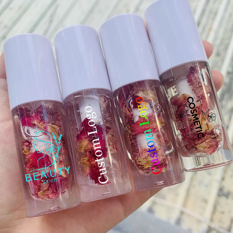 DIY Pick Tube and Colors Lipgloss with Rose Flower Cruelty Free Vegan Custom Logo Clear Nude Lip Gloss