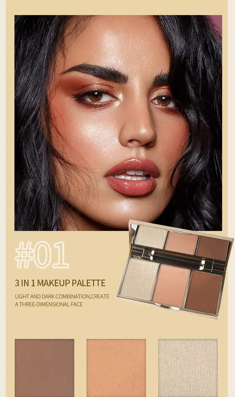 3 colors makeup face highlighter blush contour palette waterproof highlighter bronzer blusher palette