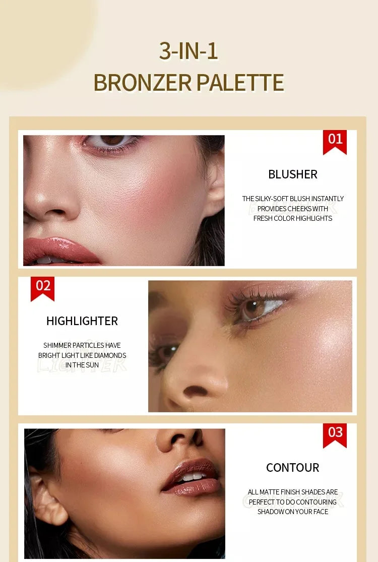 3 colors makeup face highlighter blush contour palette waterproof highlighter bronzer blusher palette