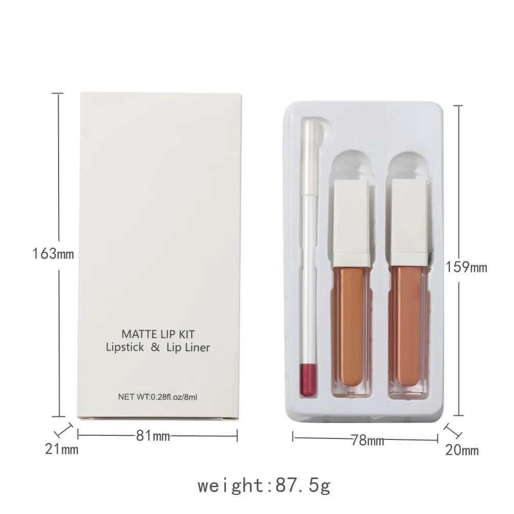 new style 8 colors non-stick cup matte lip gloss lipliner pencil long lasting 3 in 1 set matte lip kit lipstick lip line