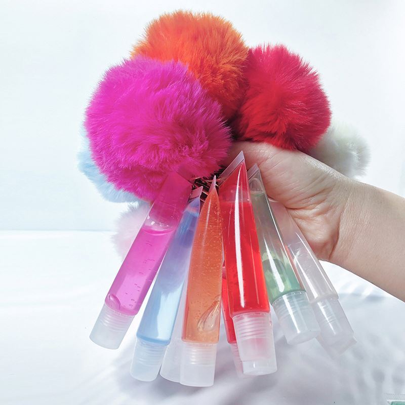 clear lipgloss keychain kit vegan squeeze tube luxury scented glossy pink lip gloss with pompom