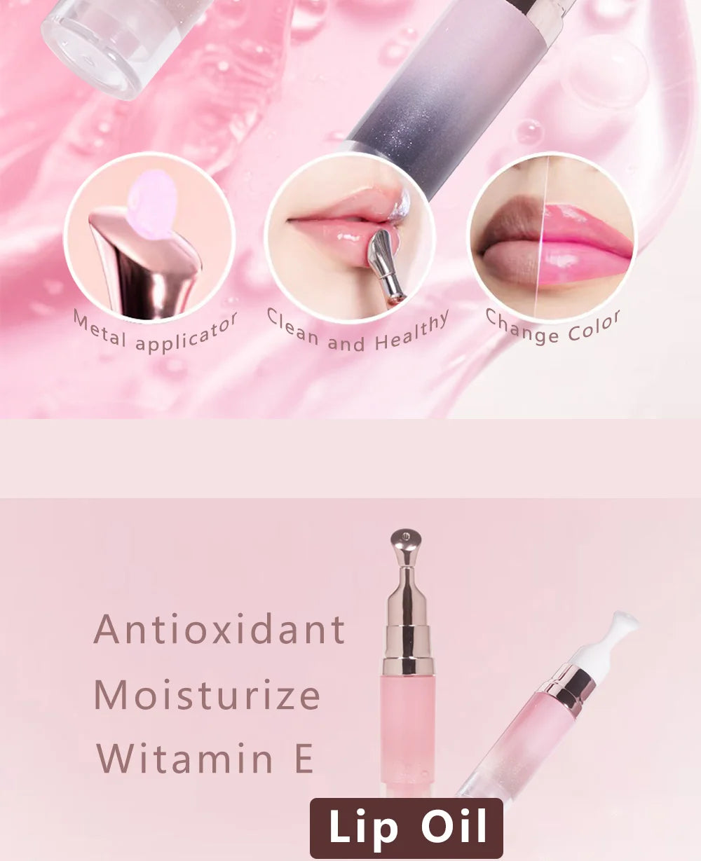 hydrating lip oil with metal ceramic applicator tube lips care makeup shimmer glossy color changing lip oil