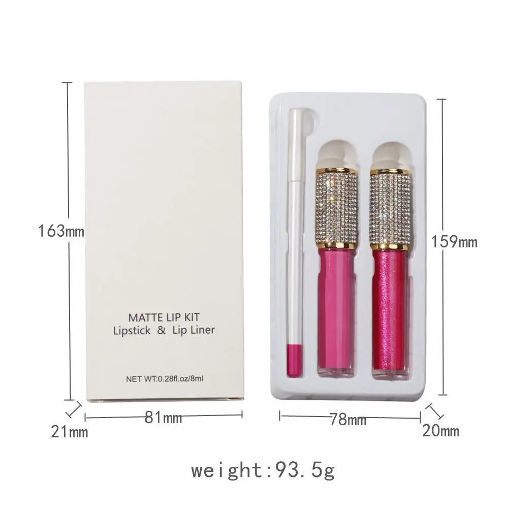 3 in 1 liquid lipstick and lip liner set waterproof lipkit matte lip gloss kit with 2pcs diamond lipgloss tube