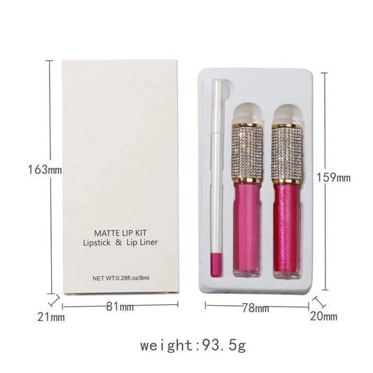 3 in 1 liquid lipstick and lip liner set waterproof lipkit matte lip gloss kit with 2pcs diamond lipgloss tube