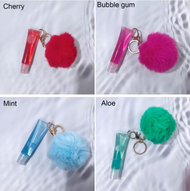 clear lipgloss keychain kit vegan squeeze tube luxury scented glossy pink lip gloss with pompom