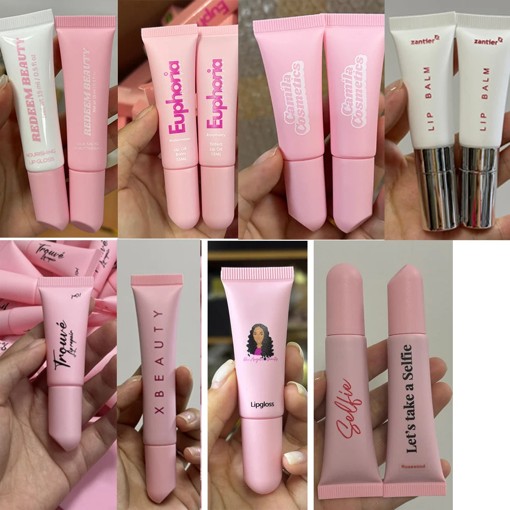 Empty matte plastic squeeze lip balm tubes in white and pink