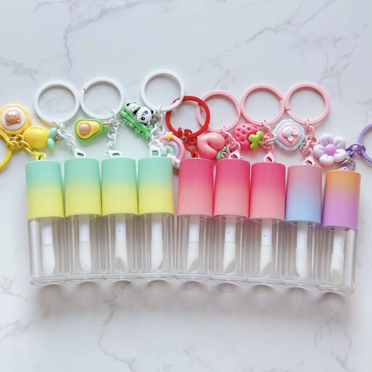 4ml 6ml gradient color pink big wand lip gloss container lipgloss wand tubes with big brush lip oil bottle with cute key