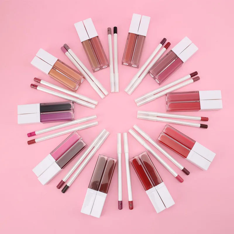hot selling lip set makeup clear case square tube lip gloss white lip pencil set waterproof non-transfer 2 in 1 lip kit