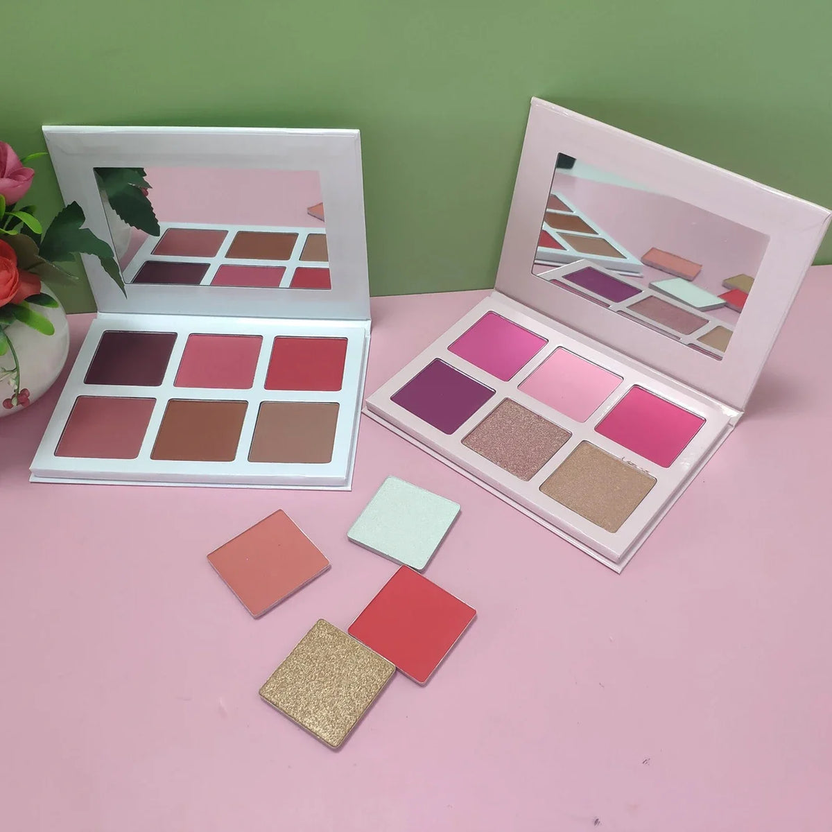 high pigment long lasting pressed powder highlighter blusher contour palette vegan diy makeup palette