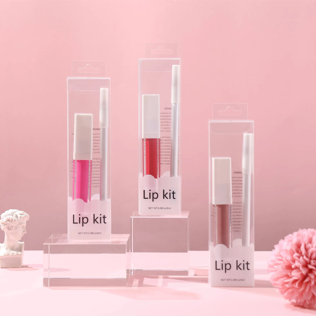 hot selling lip set makeup clear case square tube lip gloss white lip pencil set waterproof non-transfer 2 in 1 lip kit