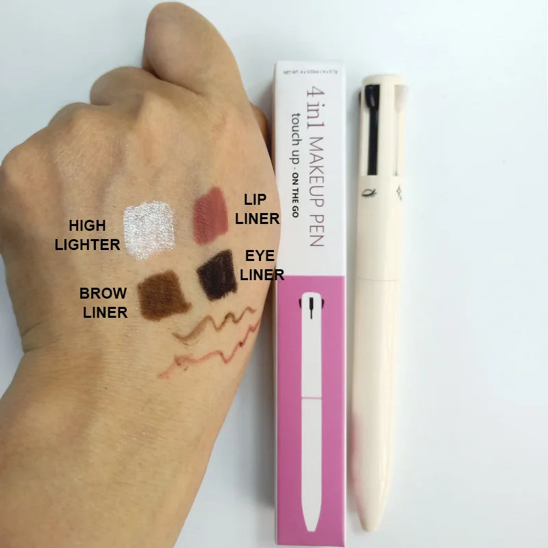 creamy white waterproof highlighter black eyeliner nude lipliner lip liner dark brown brow eyebrow pencil 4 in 1 makeup