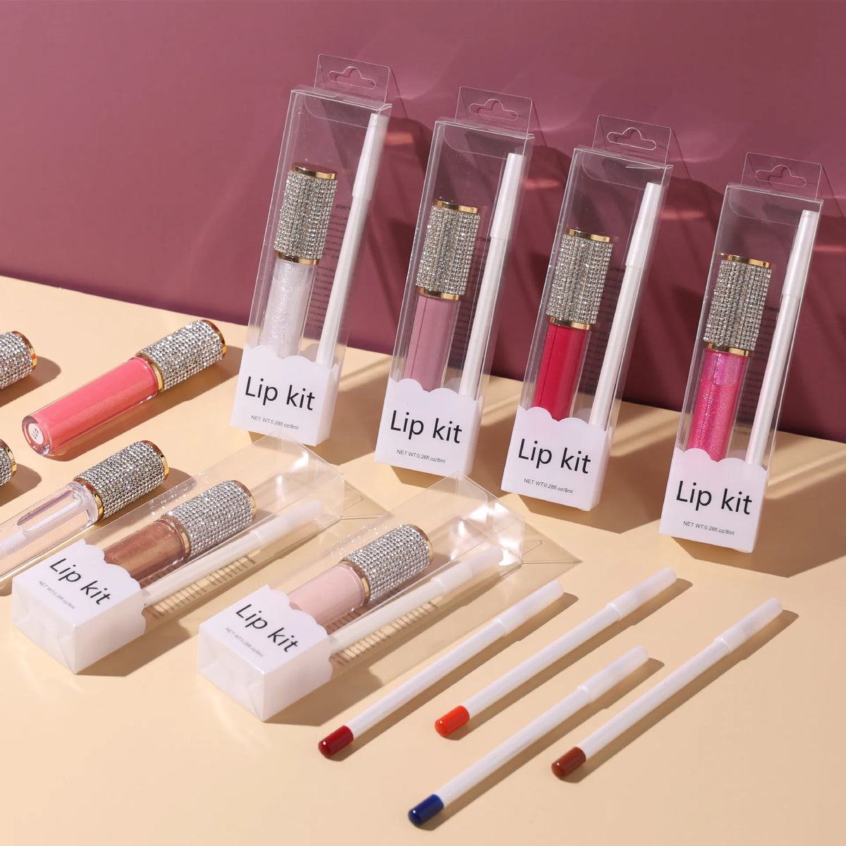 multi-color set clear case diamond lip gloss white lip liner pen liquid lipstick 2 in 1 lip kit