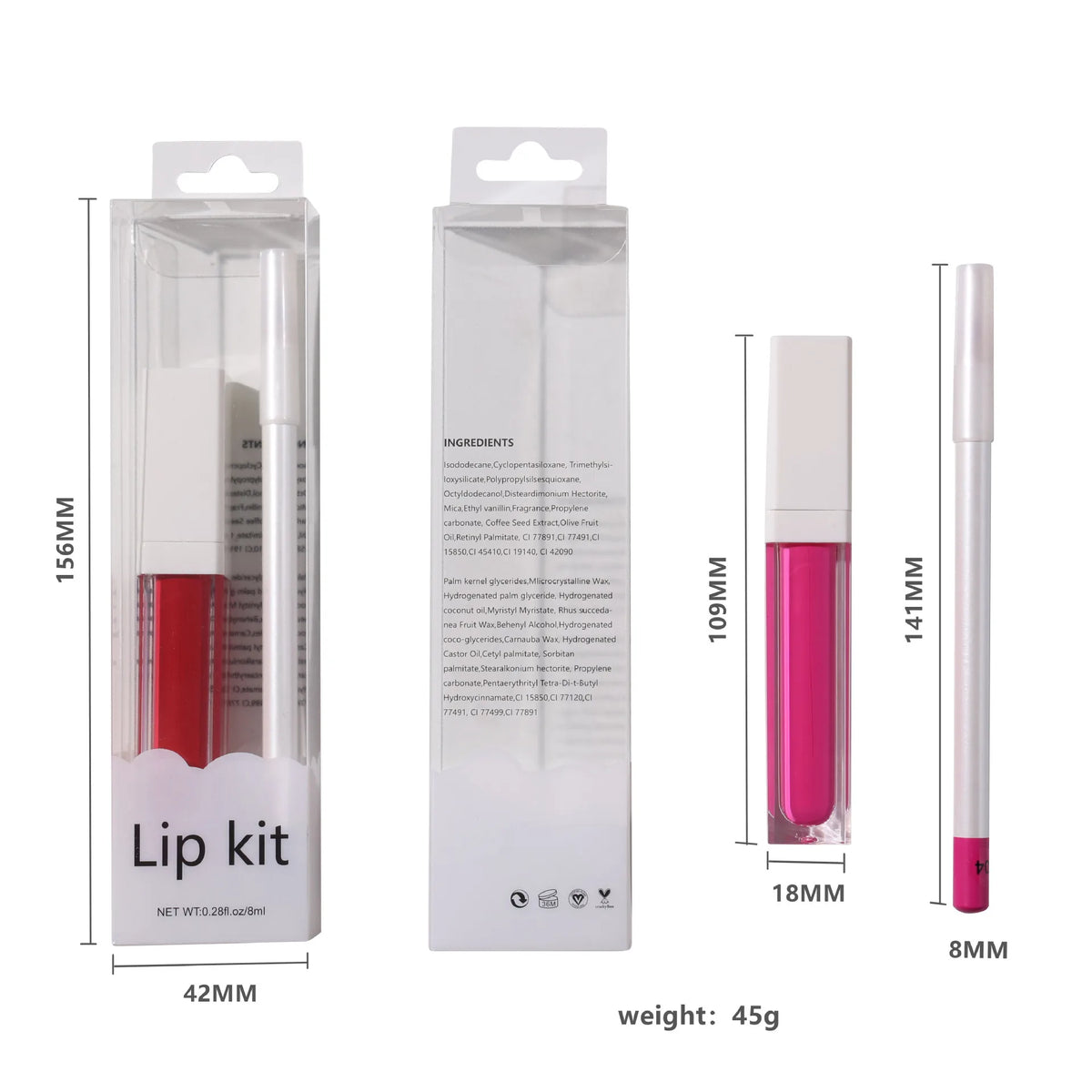 hot selling lip set makeup clear case square tube lip gloss white lip pencil set waterproof non-transfer 2 in 1 lip kit