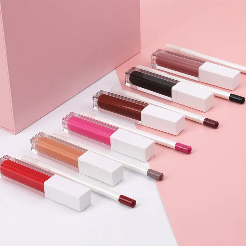 hot selling lip set makeup clear case square tube lip gloss white lip pencil set waterproof non-transfer 2 in 1 lip kit