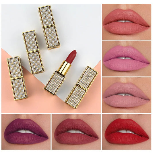 14 colors luxury diamond tube vegan organic waterproof long lasting smooth matte lipstick