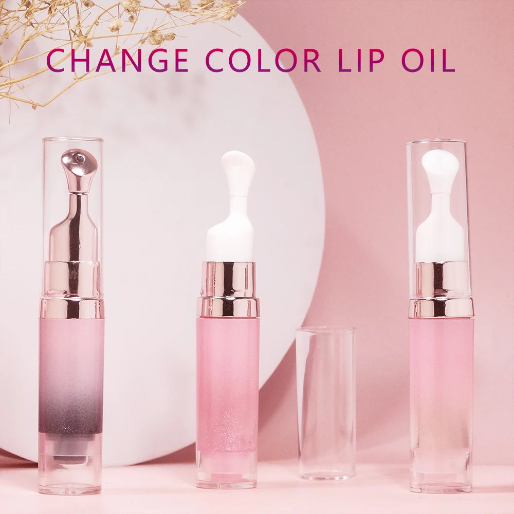 hydrating lip oil with metal ceramic applicator tube lips care makeup shimmer glossy color changing lip oil