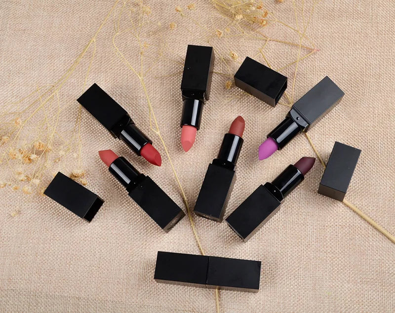 cosmetics black square tube vegan organic waterproof long lasting makeup creamy nude matte lipstick