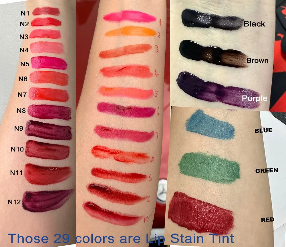 Waterproof vegan liquid lip stain in 6ml with shade swatches