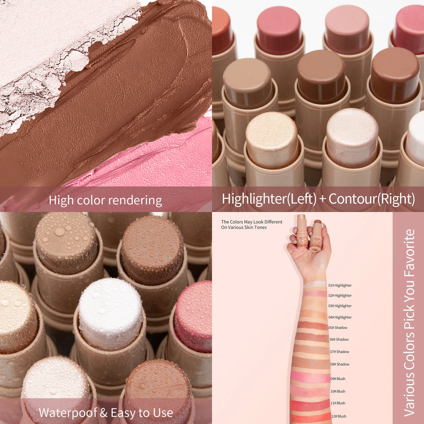 Waterproof shimmer highlighter sticks in twelve colors