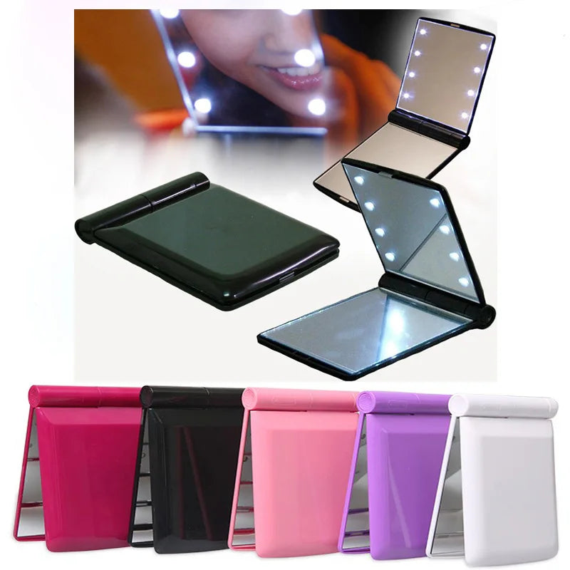 hand held with led light makeup mirror travel folding cosmetic hand compact mirror
