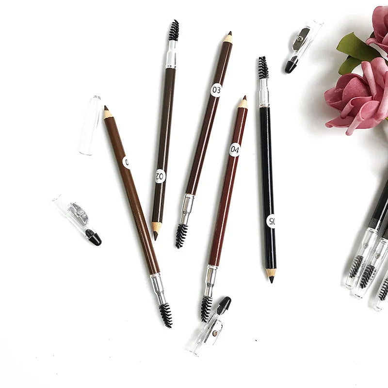 5 colors manufacturer vegan 2 in 1 waterproof wooden eyebrow pencil with sharpener