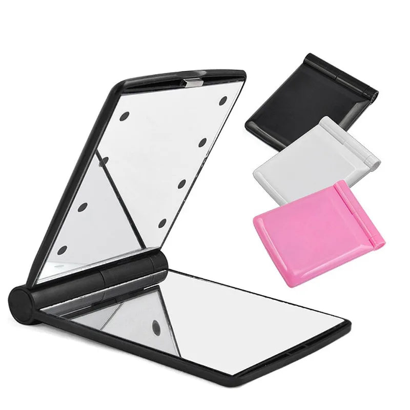 hand held with led light makeup mirror travel folding cosmetic hand compact mirror