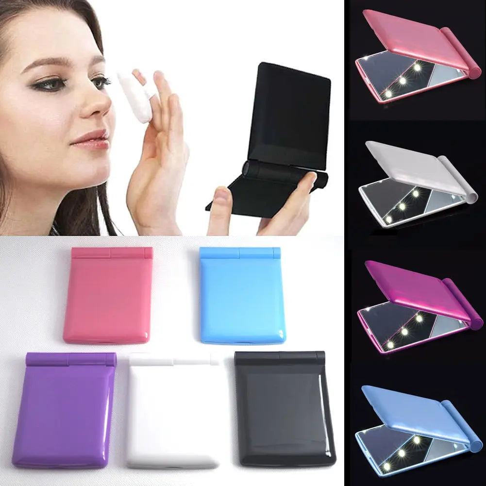 hand held with led light makeup mirror travel folding cosmetic hand compact mirror