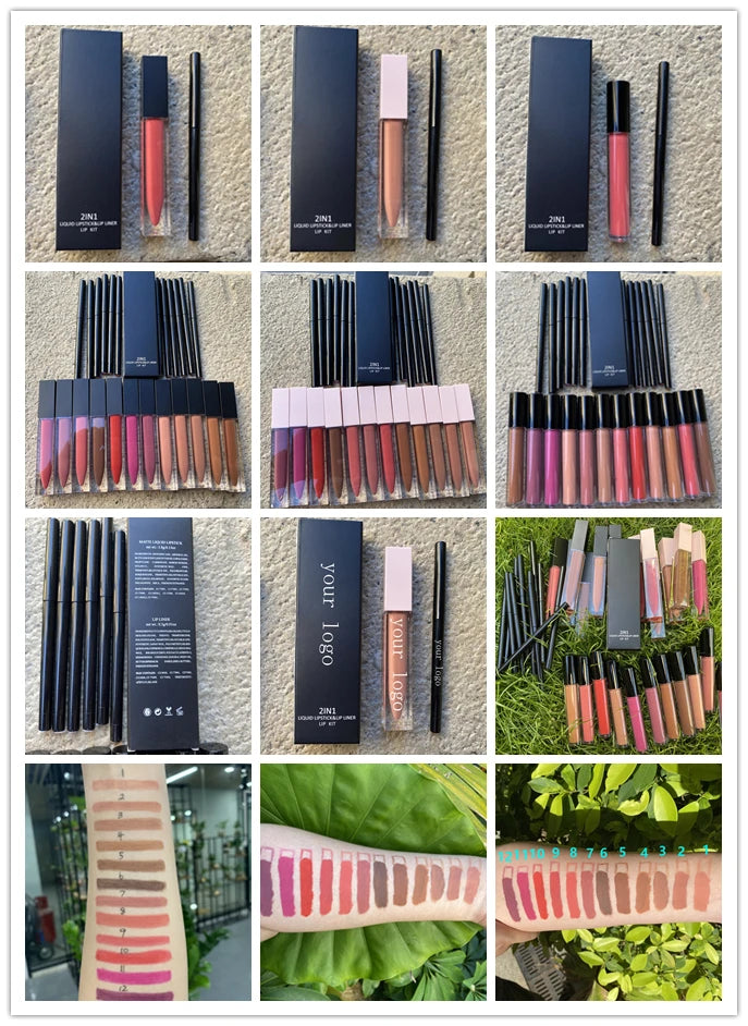 vegan high quality lips cosmetics matte liquid lipstick with lip liner makeup lipstick lip pencil kit