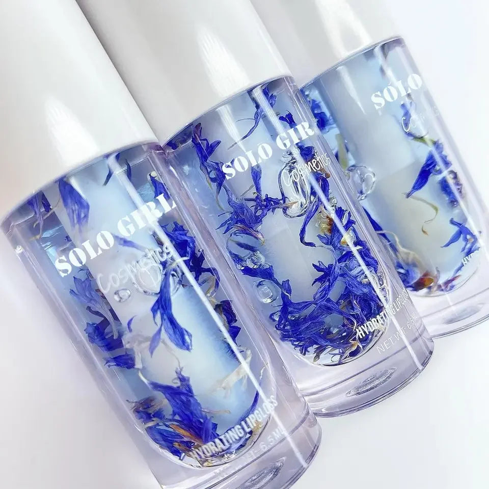 dry flower glossy lip oil balm moisturizing hydrating flavoring organic vegan clear pink lipgloss lip gloss