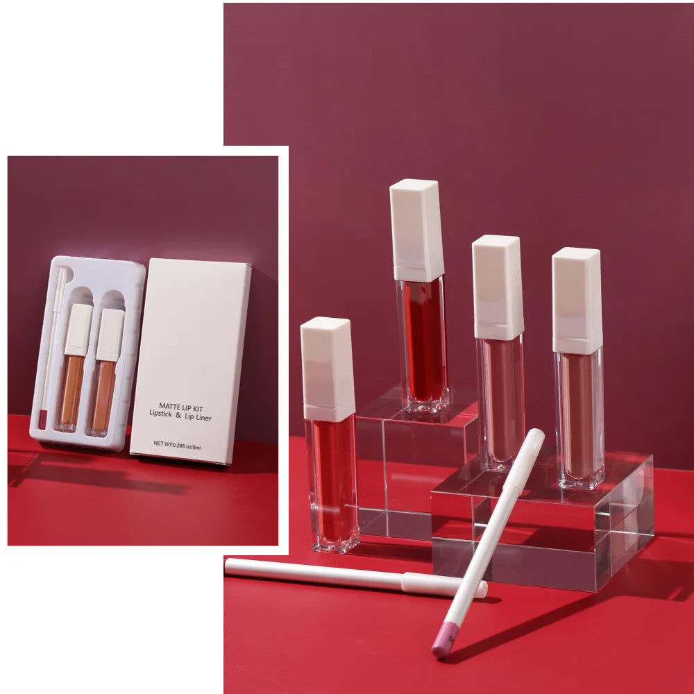 new style 8 colors non-stick cup matte lip gloss lipliner pencil long lasting 3 in 1 set matte lip kit lipstick lip line