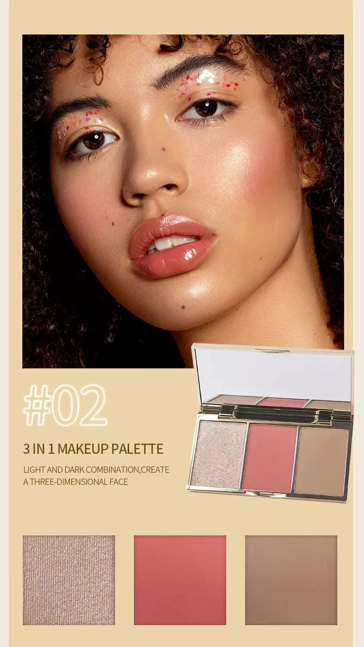3 colors makeup face highlighter blush contour palette waterproof highlighter bronzer blusher palette